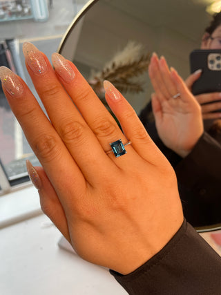 London Blue Topaz Emerald Cut Ring in White Gold