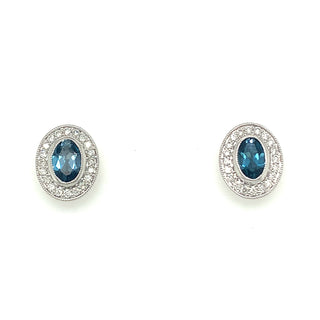 9ct White Gold 1.19ct Earth Grown London Blue Topaz & Diamond Halo Stud Earrings