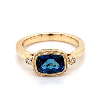 1.89ct Elongated Cushion London Blue Topaz & Diamond Ring in Yellow Gold