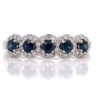 9ct White Gold 0.45ct Sapphire Five Stone With 0.22ct Diamond Halo Ring