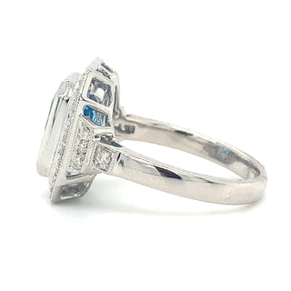 9ct White Gold 4.18ct Emerald Cut Blue Topaz and Diamond Pave Set Halo