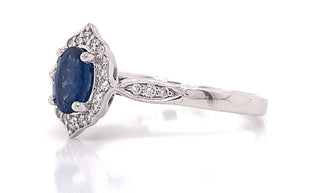 9ct White Gold 0.60ct Oval Sapphire With Ornate 0.13ct Diamond Ring