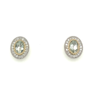 1.09ct Green Amethyst Two Tone Stud Earrings with Diamond Halo