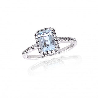 9ct White Gold Emerald Cut Aquamarine with Castle Set Diamond Halo & Shoulders