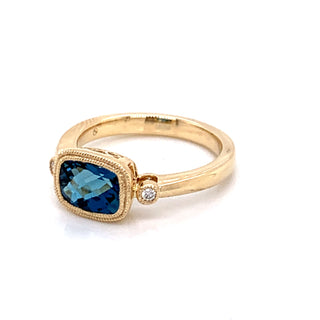 1.89ct Elongated Cushion London Blue Topaz & Diamond Ring in Yellow Gold