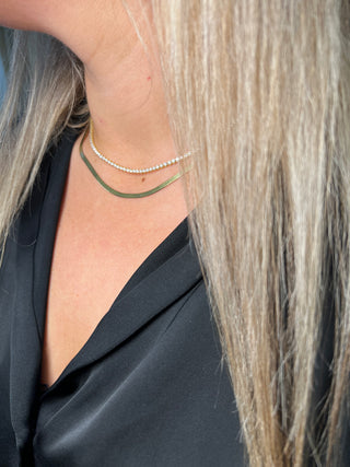 Double Golden Layer Herringbone and Tennis Necklace