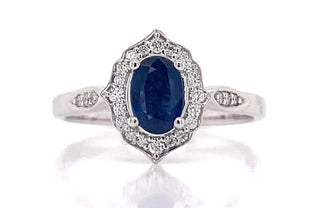 9ct White Gold 0.60ct Earth Grown Oval Sapphire With Ornate 0.13ct Diamond Ring