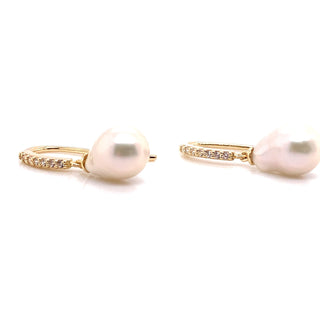 9ct Yellow Gold Drop Pearl Earrings with Set Cubic Zirconia