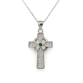 Sterling Silver Emerald And Cz Celtic Cross Pendant