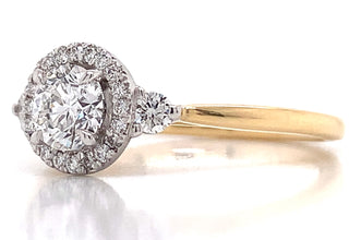 Cara - 18ct Yellow Gold Round Halo With Two Side Stone Diamond Ring