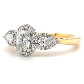 Kate - 18ct Yellow Gold 0.61ct Oval Halo and Side Pear Diamond Ring