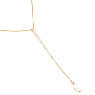 Yellow Gold Chain Necklace with Drop Pearl and Cz Plate