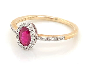 9ct Yellow Gold Oval Ruby And Diamond Halo With Diamond Set Shoulders Ring