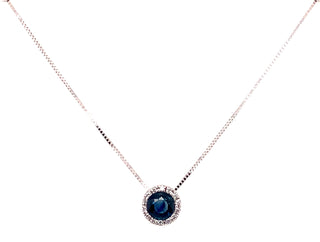 9ct White Gold Sapphire And 0.07ct Diamond Round Halo Necklace
