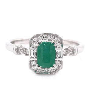 EMERALD CUT .70CT EMERALD IN DIAMOND & WHITE SAPPHIRE VINTAGE STYLE MOUNTING WHITE GOLD