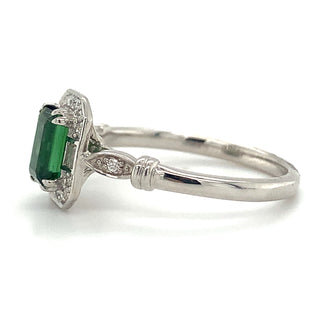 9ct White Gold Emerald cut .70ct Green Tourmaline in Diamond & White Sapphire Vintage Style Mounting