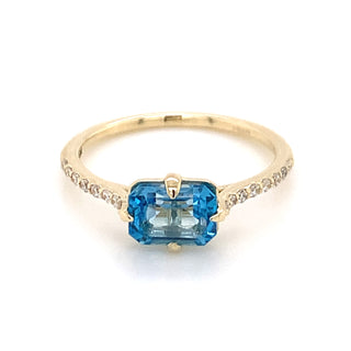 9ct Yellow Gold Horizontal Emerald Cut Blue Topaz & Diamond Shoulder Ring
