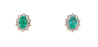 9ct White Gold Emerald And Diamond Cluster Stud Earrings