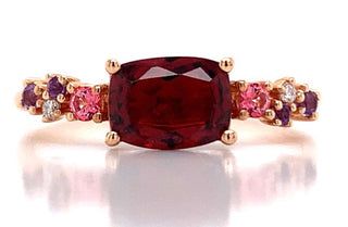 18ct Rose Gold Rhodolite Garnet, Diamond, Amethyst and Pink Topaz Ring