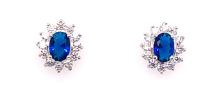 Sterling Silver Sapphire And Cz Princess Di Stud Earrings