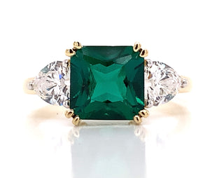 9ct Yellow Gold Lab Created Emerald Asscher & Heart Cubic Zirconia Cut Ring