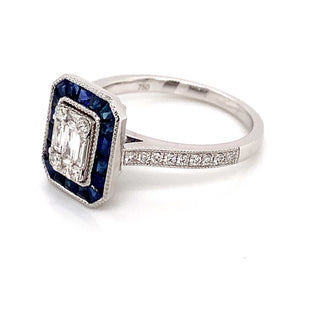India - 18ct White Gold Sapphire Halo millgrain Edge Diamond Ring