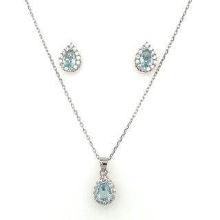 Sterling Silver Aquamarine And Cz Earring And Pendant Set