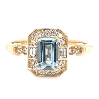 0.50ct Aquamarine Vintage Style Ring with Diamond and White Sapphire Halo