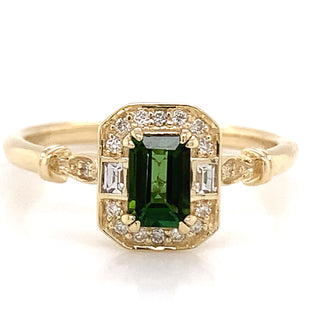.60ct Emerald Cut Green Tourmaline Ring with White Sapphire & Diamond Gold Mounting.