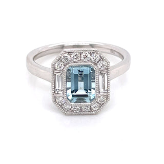 Aquamarine Art Deco Mixed Diamond Halo Ring