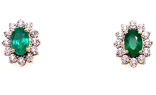 9ct Yellow Gold Princess Di Style Emerald & Diamond Stud Earrings