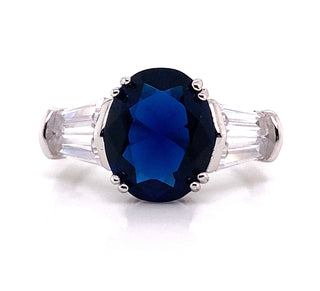 Sterling Silver Oval Sapphire & CZ Ring