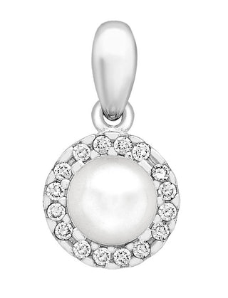 9ct White Gold 16 X 1mm Cz And 5mm Pearl 8mm X 15mm Pendant
