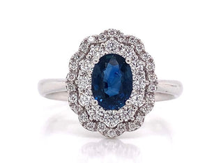18ct White Gold Earth Grown 1.01ct Sapphire Surrounded by a Double Halo of 0.39ct Diamonds