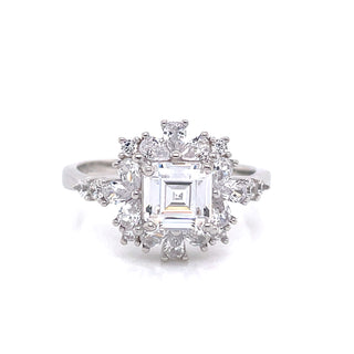Sterling Silver Ascher Cut Cluster CZ Ring