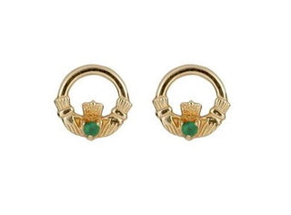 10ct Yellow Gold Emerald Claddagh Stud Earrings