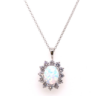 Sterling Silver Princess Di Style Opal & Cz Pendant