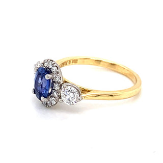 18ct Yellow Gold Oval Sapphire Trio Diamond Engagement Ring