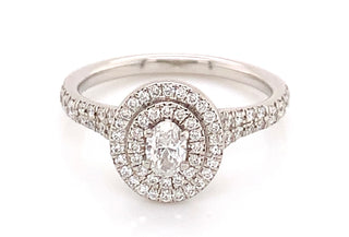 Platinum Oval Double Halo Earth Grown Diamond Ring With Castle Set Diamond Shoulders Arabella