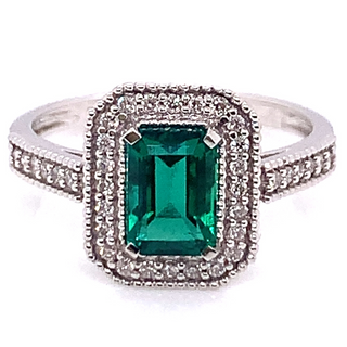 18ct White Gold Emerald & Diamond Halo Ring