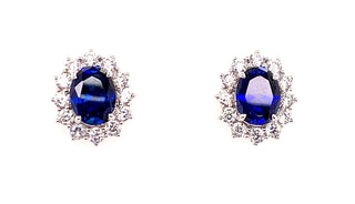 9ct White Gold Princess Di Sapphire And Cz Stud Earrings