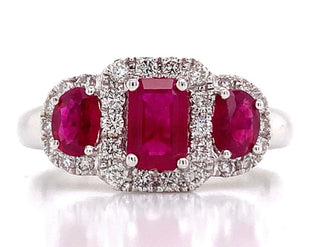 18ct White Gold Earth Grown Ruby And Diamond Halo Three Stone Ring