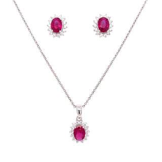 Sterling Silver Ruby Oval Halo CZ Earrings & Necklace Set