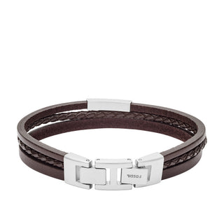Fossil Gents Multi-Strand Silver-Tone Steel and Brown Leather Bracelet