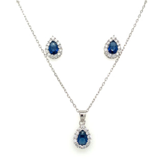 Sterling Silver Cz Sapphire Halo Earring And Pendant Set