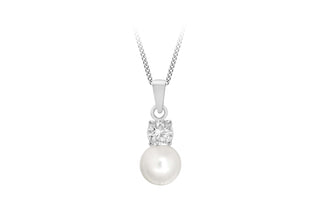 STERLING SILVER PEARL AND CZ 7.7MM X 20.2MM DROP PENDANT