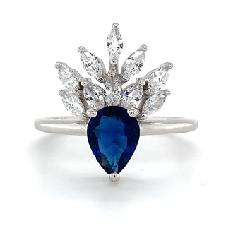 Sterling Silver Pear Sapphire Cz Ring with Floral Crown