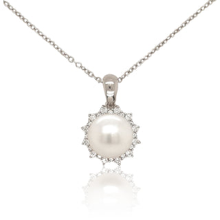 Sterling Silver 8-9mm White Pearl Pendant With Halo of Cz