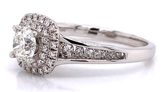 Isla - 18ct White Gold Round Brilliant Cushion Halo & Tapered Side Stones 0.96ct Diamond Engagement Ring