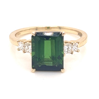 2.80CT Emerald Green Tourmaline & Princess Diamond Gold Ring
